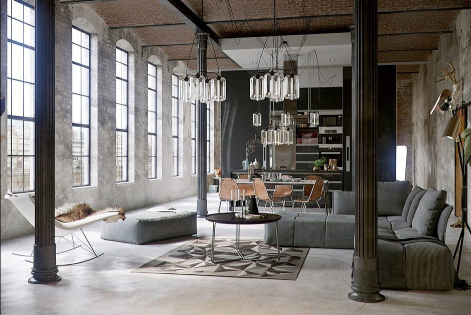 Exposed brick and concrete interior of a ptenhouse apartment decorated in a industrial modernistic fashion